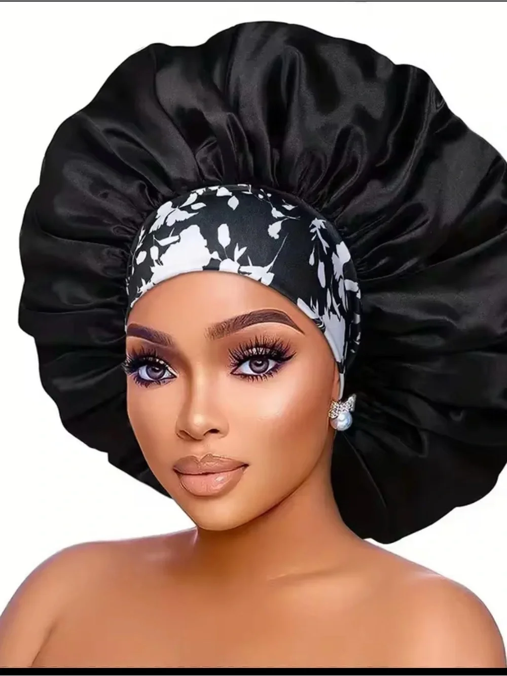 a new day Black Satin Bonnet with White Floral Headband